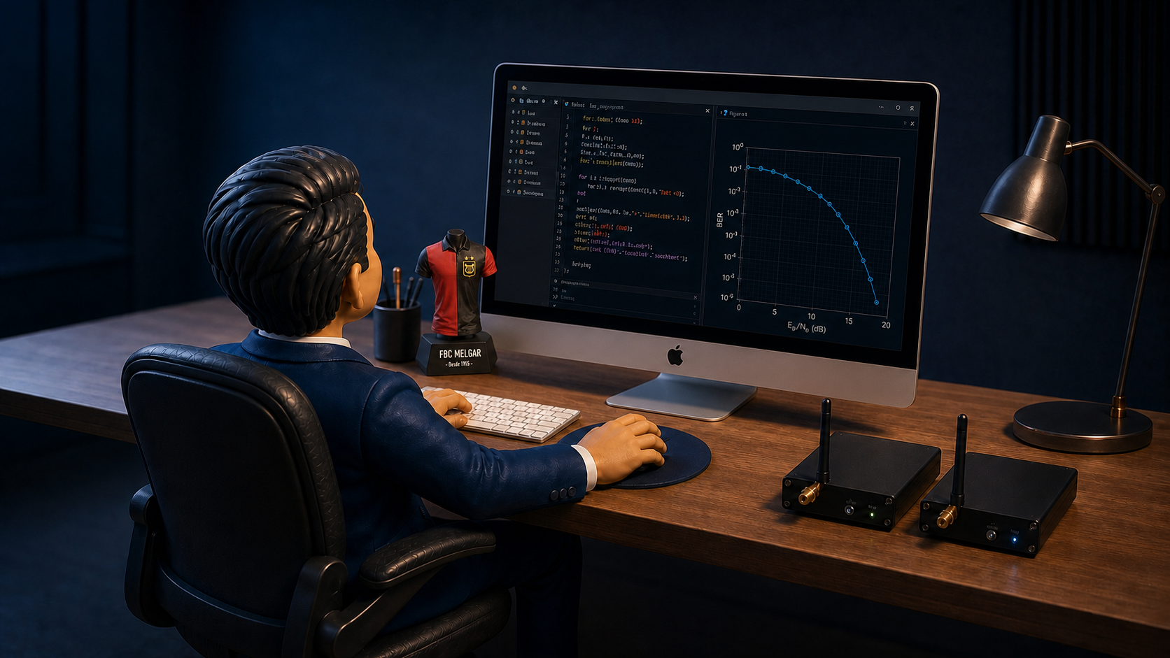 Ingeniero trabajando frente a un iMac, acompañado por equipos de radio y una miniatura de la camiseta del FBC Melgar.